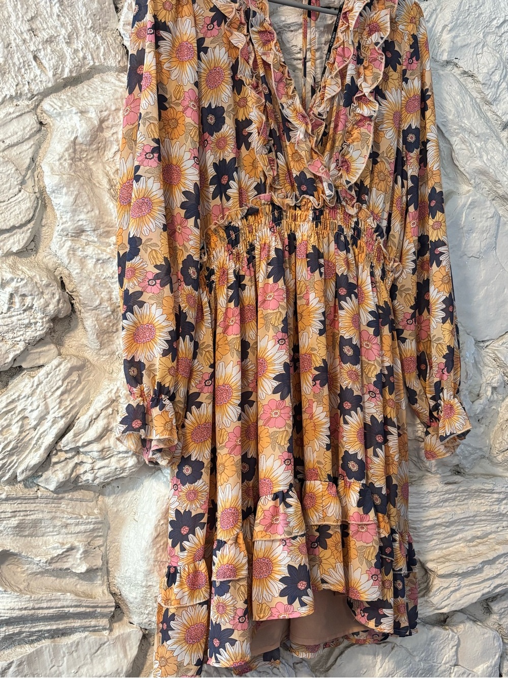 Forever 21 Mustard and Pink Floral Long-Sleeve Tiered Dress